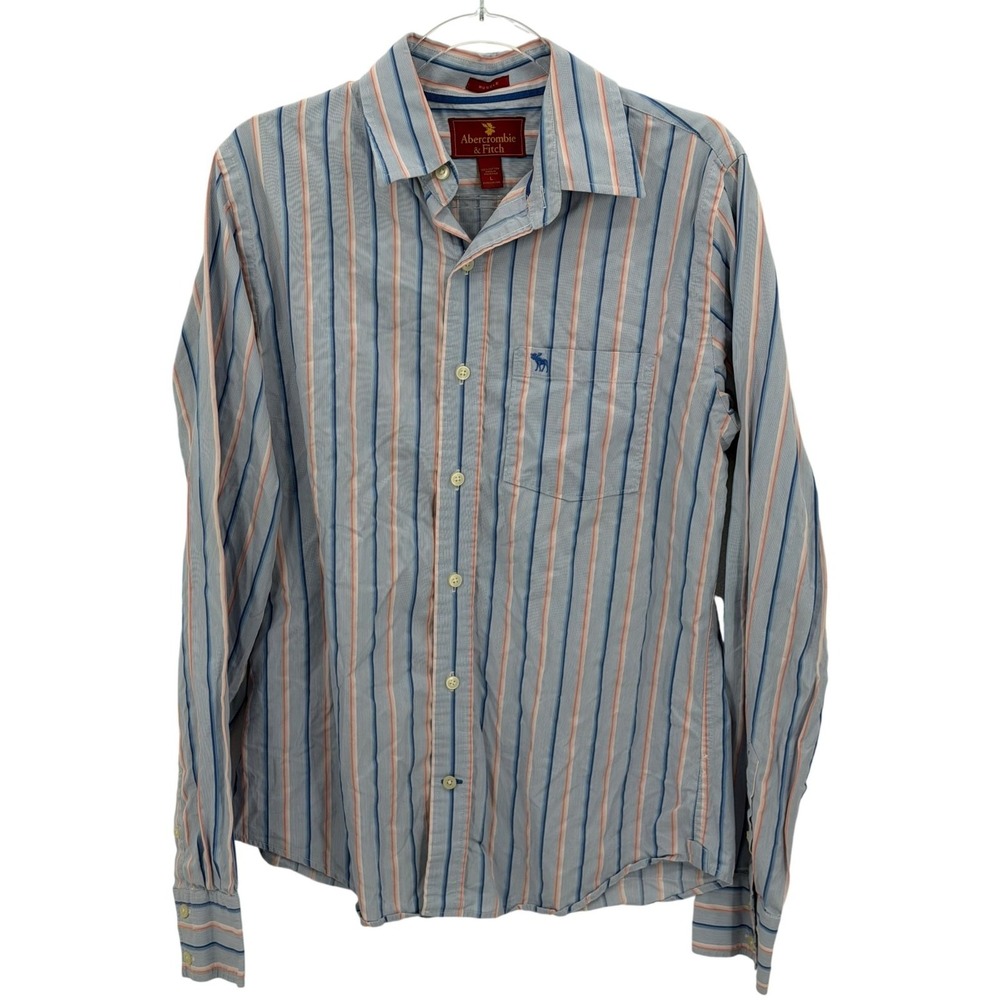 Abercrombie & Fitch Shirt Mens Large Blue Striped Button Up Muscle Preppy Oxford